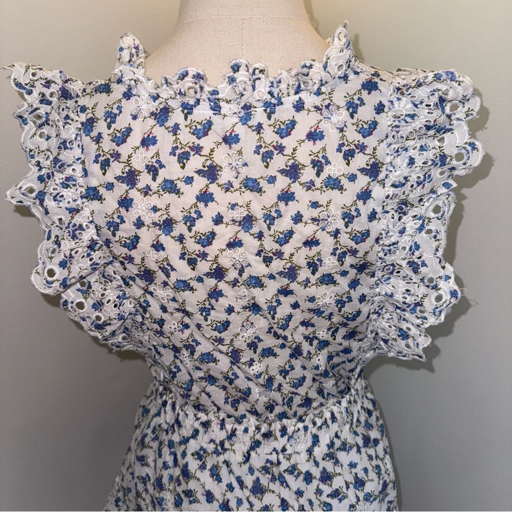 Jennifer & Grace M Blue White Floral Eyelet Embroidered Scalloped Skirt Top Set - Picture 8 of 10